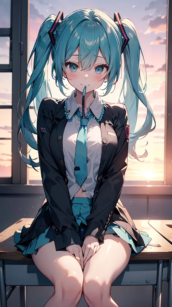 (masterpiece,Super Detail,In 8K,Best Original Score,Moody lighting,Photorealistic,Dynamic Shot)1.5,View from the front,alone,(hatsune miku,Light blue twin tails)1.3,Beautiful attention to detail,Looking into the camera,Close one eye,Wink,Mischievous Smile,Smooth, lustrous skin,Tear,(Sit on a desk,Spread your legs,Put your index finger over your mouth,Use your other hand to unbutton your blouse)1.5,Blouse with exposed chest,Grey and black checked mini skirt,Cute bangles,Dazzling Sunset,Backlight,In the classroom,Particles of light、Touching her chest