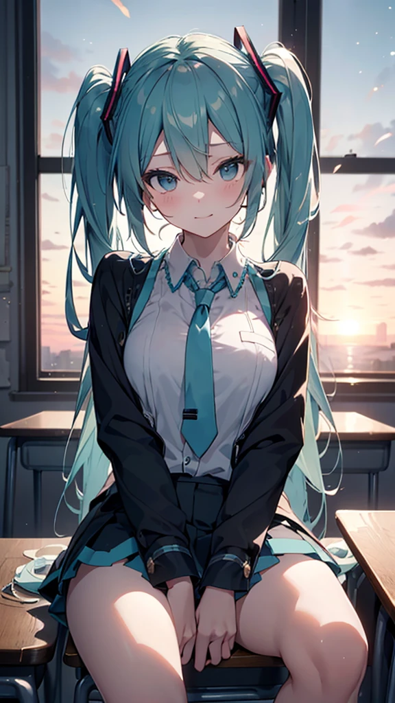 (masterpiece,Super Detail,In 8K,Best Original Score,Moody lighting,Photorealistic,Dynamic Shot)1.5,View from the front,alone,(hatsune miku,Light blue twin tails)1.3,Beautiful attention to detail,Looking into the camera,Close one eye,Wink,Mischievous Smile,Smooth, lustrous skin,Tear,(Sit on a desk,Spread your legs,Put your index finger over your mouth,Use your other hand to unbutton your blouse)1.5,Blouse with exposed chest,Grey and black checked mini skirt,Cute bangles,Dazzling Sunset,Backlight,In the classroom,Particles of light、Touching her chest