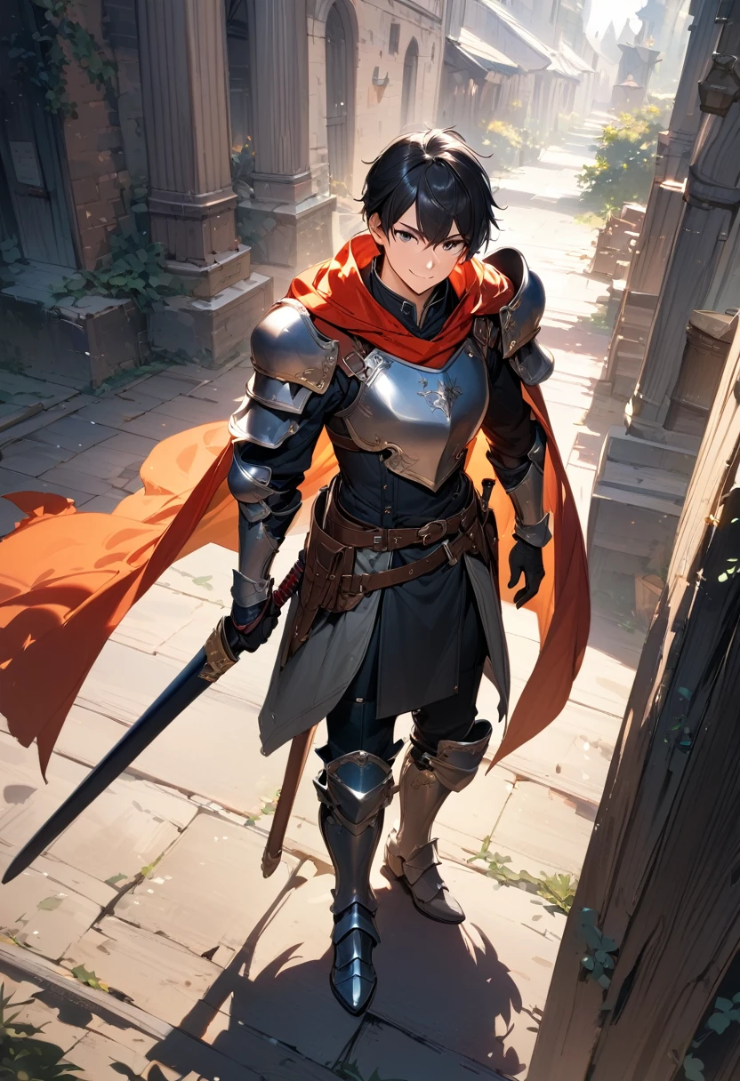 (masterpiece),(best quality),(ultra-detailed),(best illustration),(best shadow),(absurdres),(detailed background),(very aesthetic), 1boy, male-focus, armor, solo, cape, black-hair, gloves, holding, smile, belt, boots, full-body, standing, greaves, armored-boots, shoulder-armor, sheath, breastplate, pauldrons, short-hair,