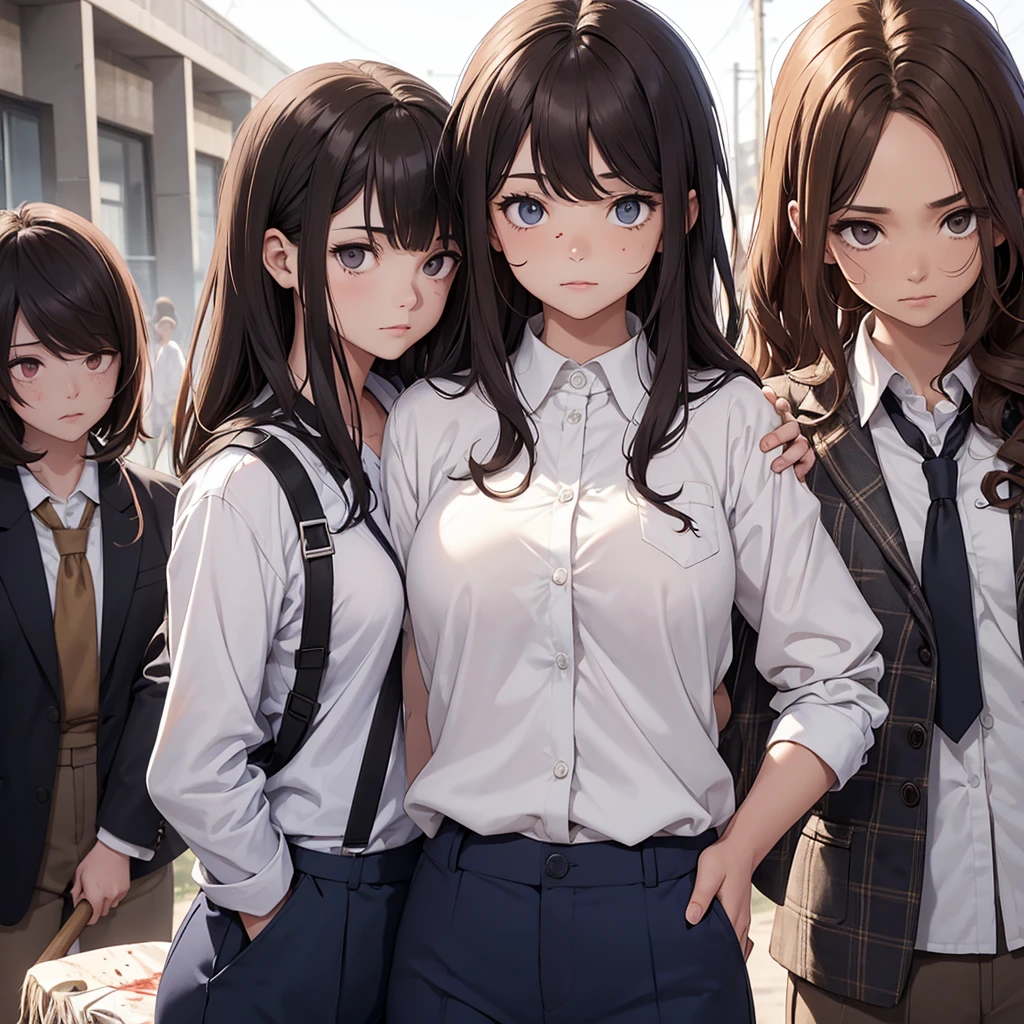 1 girl with medium sized curly hair, brownhair, honey-colored eyes with 2 spots on the right side of the face and white skin color, wearing uniform with white shirt, dark blue pants with white line on the pants,  clothes with blood holding an ax in hand, 1 with shoulder-length straight hair , brown hair color, dark brown eyes and white skin color, uniform with white shirt with dark blue pants with line on pants with blood on clothes holding a broom  , 1 MENINO  de brownhair curtos e olhos castanhos escuros vestindo camisa branca com  calça azul escura cheia de sangue segurando um taco de beisebol e sua cor de pele é moreno, all of them with a somewhat sad face, all with the entire body facing forward, looking at the camera, the scene behind them a school in front with some zombies, the lighting is a little dark but you can see everything, all 3 together in the same place, They are all teenagers and are in high school
