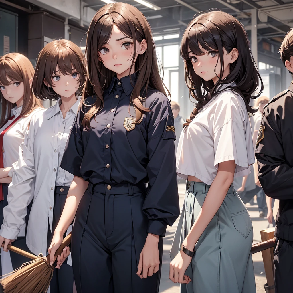 1 girl with medium sized curly hair, brownhair, honey-colored eyes with 2 spots on the right side of the face and white skin color, wearing uniform with white shirt, dark blue pants with white line on the pants, clothes with blood holding an ax in hand, 1 with shoulder-length straight hair , brown hair color, dark brown eyes and white skin color, uniform with white shirt with dark blue pants with line on pants with blood on clothes holding a broom , 1 MENINO de brownhair curtos e olhos castanhos escuros vestindo camisa branca com calça azul escura cheia de sangue segurando um taco de beisebol e sua cor de pele é moreno, all of them with a somewhat sad face, all with the entire body facing forward, looking at the camera, the scene behind them a school in front with some zombies, the lighting is a little dark but you can see everything, all 3 together in the same place, They are all teenagers and are in high school