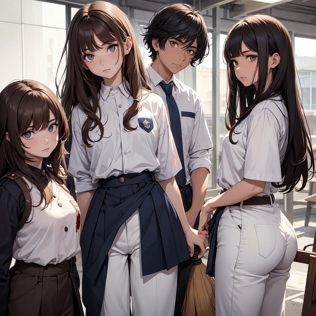 1 girl with medium sized curly hair, brownhair, honey-colored eyes with 2 spots on the right side of the face and white skin color, wearing uniform with white shirt, dark blue pants with white line on the pants, clothes with blood holding an ax in hand, 1 with shoulder-length straight hair , brown hair color, dark brown eyes and white skin color, uniform with white shirt with dark blue pants with line on pants with blood on clothes holding a broom , 1 menino de brownhair curtos e olhos castanhos escuros vestindo camisa branca com calça azul escura cheia de sangue segurando um taco de beisebol e sua cor de pele é moreno, all of them with a somewhat sad face, all with the entire body facing forward, looking at the camera, the scene behind them a school in front with some zombies, the lighting is a little dark but you can see everything, all 3 together in the same place, They are all teenagers and are in high school