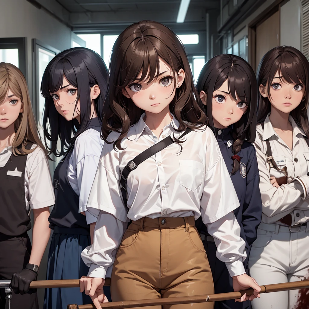 1 girl with medium sized curly hair, brownhair, honey-colored eyes with 2 spots on the right side of the face and white skin color, wearing uniform with white shirt, dark blue pants with white line on the pants, clothes with blood holding an ax in hand, 1 with shoulder-length straight hair , brown hair color, dark brown eyes and white skin color, uniform with white shirt with dark blue pants with line on pants with blood on clothes holding a broom , 1 menino de brownhair curtos e olhos castanhos escuros vestindo camisa branca com calça azul escura cheia de sangue segurando um taco de beisebol e sua cor de pele é moreno, all of them with a somewhat sad face, all with the entire body facing forward, looking at the camera, the scene behind them a school in front with some zombies, the lighting is a little dark but you can see everything, all 3 together in the same place, They are all teenagers and are in high school