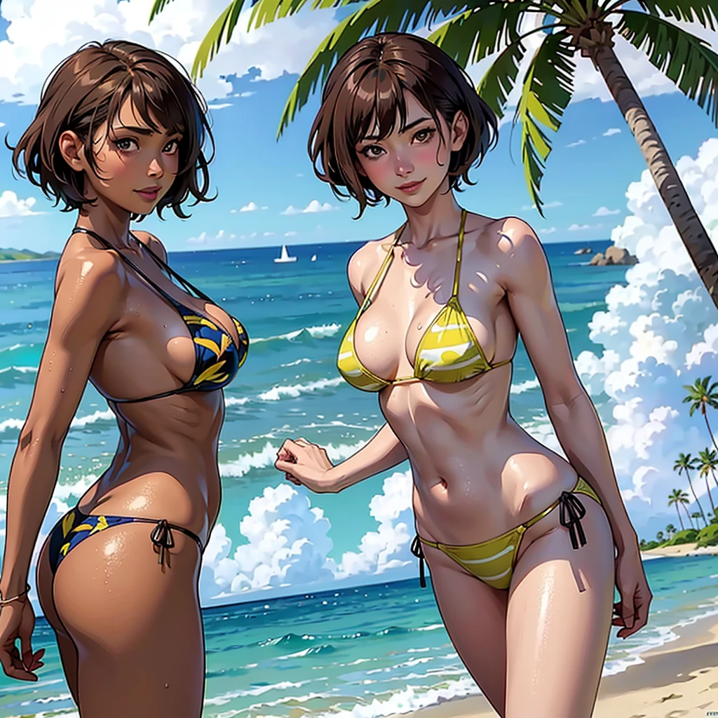((highest quality, masterpiece, High resolution)), ((reality)),Photos of beautiful Japanese women,((anime art))、 (((1 girl))), normal size breasts, slim body shape, medium short hair, double eyelid, Wet see-through micro bikini, A pareo with bold ethnic patterns and plenty of primary colors、(Brown skin:1.4),realistic skin、Wet,whole body,cinematic light、tropical、Against the background of palm trees on both sides、on a sunny beach、With the sea in the background、blur background、smile