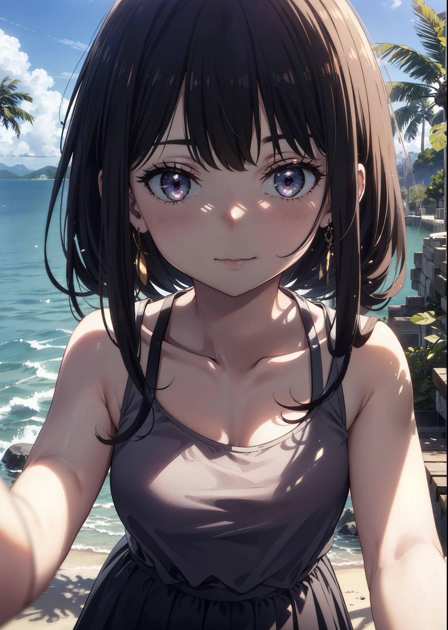 Takiuchikami, Check it out, Long Hair, bangs, Black Hair, (Purple eyes:1.2),Blue Tank Top,White long skirt,Heeled Sandals,Daytime,Clear skies,Palm tree,Are standing,smile,Close your mouth,blush,whole bodyがイラストに入るように,
break outdoors, tropical,Tropical,Coastal Road,
break looking at viewer, whole body,
break (masterpiece:1.2), Highest quality, High resolution, unity 8k wallpaper, (figure:0.8), (Beautiful attention to detail:1.6), Highly detailed face, Perfect lighting, Highly detailed CG, (Perfect hands, Perfect Anatomy),