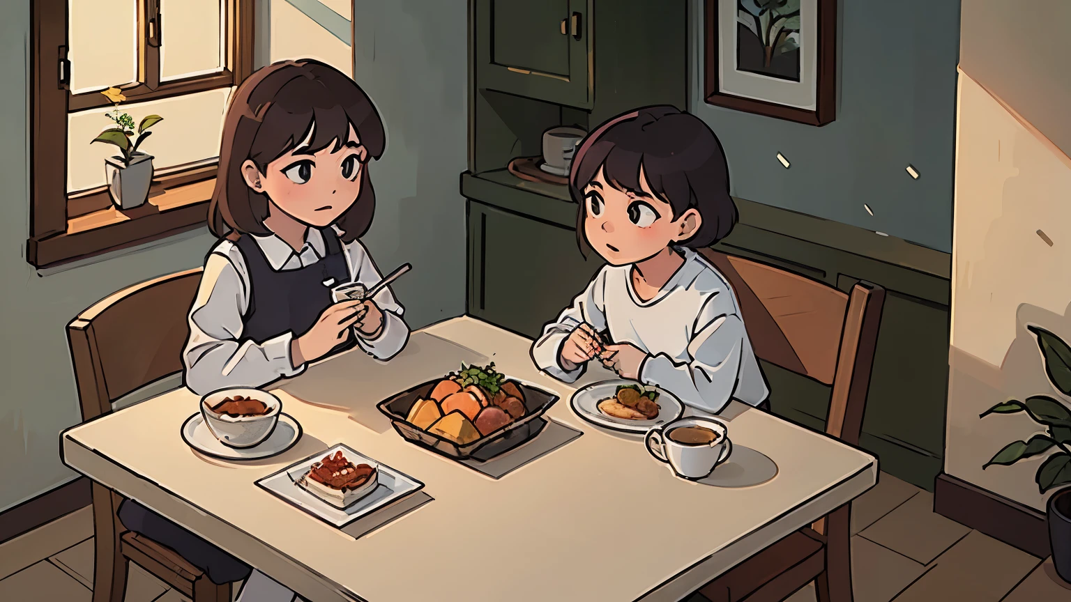 a child of approximately 8 years, com cabelos curtos e castanhos, A 30-year-old woman is sitting at the dinner table with her mother, make her look like an adult. She is having lunch, with a plate of food à sua frente. The holds a fork in one hand and, In the other, A cell phone, in which she is looking intently. The table is simple, with a plate of food, a glass of juice and some cutlery. The room is illuminated by natural light that comes in through the window., creating an everyday and relaxed scene.