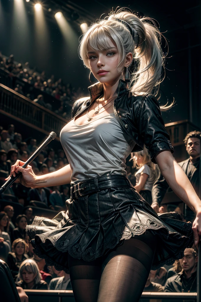 (masterpiece, best quality:1.2), cowboy shot, dynamic pose, weissvale, smile, closed mouth, long white hair, side ponytail, scar above eye, scar below eye, t-shirt, skirt, pantyhose, jewelry, necklace, earrings, future_urban, standing in theater, microphone, orchestra, audience, crowd, (volumetric lighting), intricate details, tonemapping, sharp focus, hyper detailed