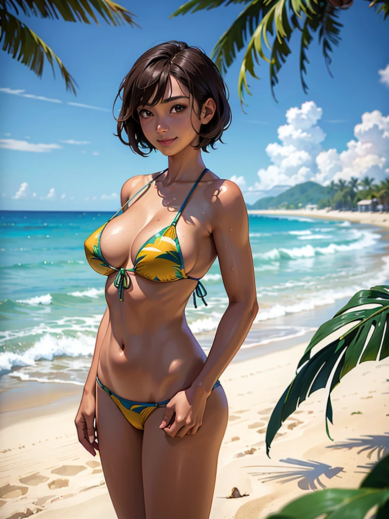 ((highest quality, masterpiece, High resolution)), ((reality)),Photos of beautiful Japanese women,((anime art))、 (((1 girl))), normal size breasts, slim body shape,  medium short hair, double eyelid, Wet see-through micro bikini,  A pareo with bold ethnic patterns and plenty of primary colors、(Brown skin:1.4),realistic skin、Wet,whole body,cinematic light、tropical、Against the background of palm trees on both sides、on a sunny beach、With the sea in the background、blur background、smile