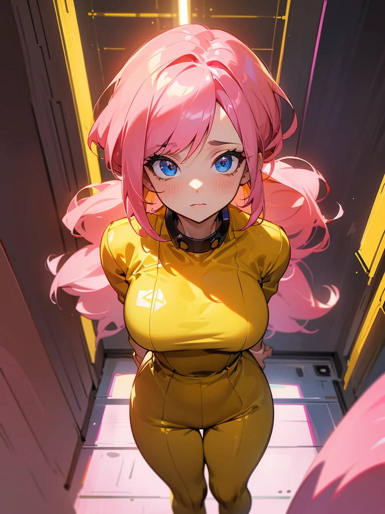 Mature woman inside a server being viewed through a HUD with information, facefocus,  big pink hair, shining blue eyes, wearing a mustard yellow jumpsuit, breasts big, looking 35 years old, eye on the spectator, look to the camera, , the background is a dark corridor,  Hands on waist, thick-thighs, ((look up looking at the viewer)), ​masterpiece