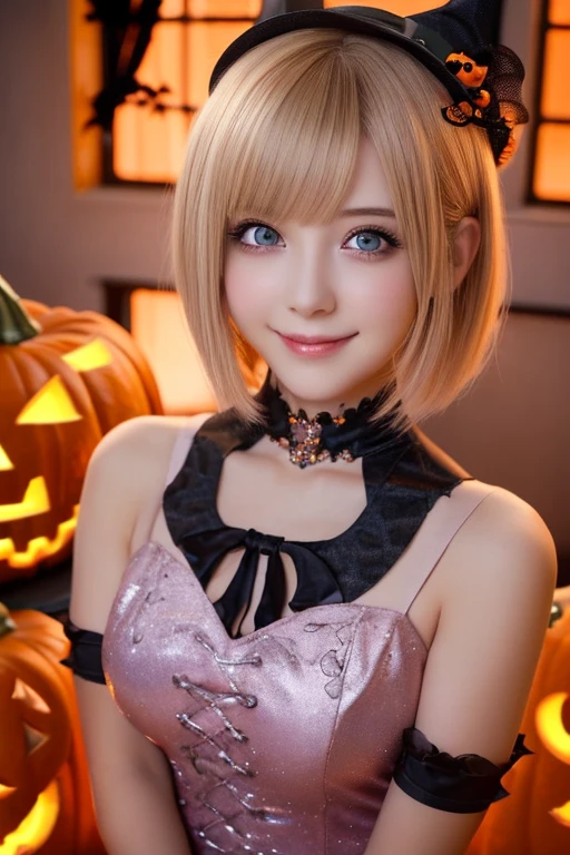 (upper body photo,a 22 year old girl, detailed cutie face, beautiful detailed eyes, detailed dropped eyes, beautiful charming smile, extremely detailed face,short hair,anime style, halloween party:2.0), colorful lights, pumpkin decorations, haunted house, best quality, 4k, highres, masterpiece, realistic, photorealistic, photo-realistic, vivid colors, intricate details, fantasy, soft lighting, magical