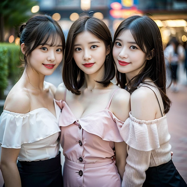 (a trio of gorgeous ladies, early 20s, at Shanghai. They are dressed in Korean chic & trendy fashion, in light-color, dark-color, peach-color, Off-Shoulder Midi Dress, pencil skirt, Button Details, feminine, random & natural pose under night sky, beautiful detailed face, beautiful detailed eyes, dimpled smile, kind & friendly smile, short straight hair, bob hair, ponytail, cute snagglooth, ample round bosom, medium chest, strengthened chest, healthy body proportion, enchanting cleavage, photorealistic, hyper-realism, high contrast, ultra HD, realistic skin textures, top image quality, top-quality, super high resolution, fine details, very meticulously, bokeh background, the_cowboy_shot)