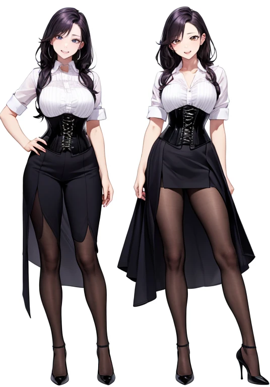 purple,long hair,woman,(corset),Shirt with rolled up sleeves,((Roll up your sleeves)),high heels,simple White background,smile,whole body,full body,Standing picture,upright,Standing upright with face and body facing forward,