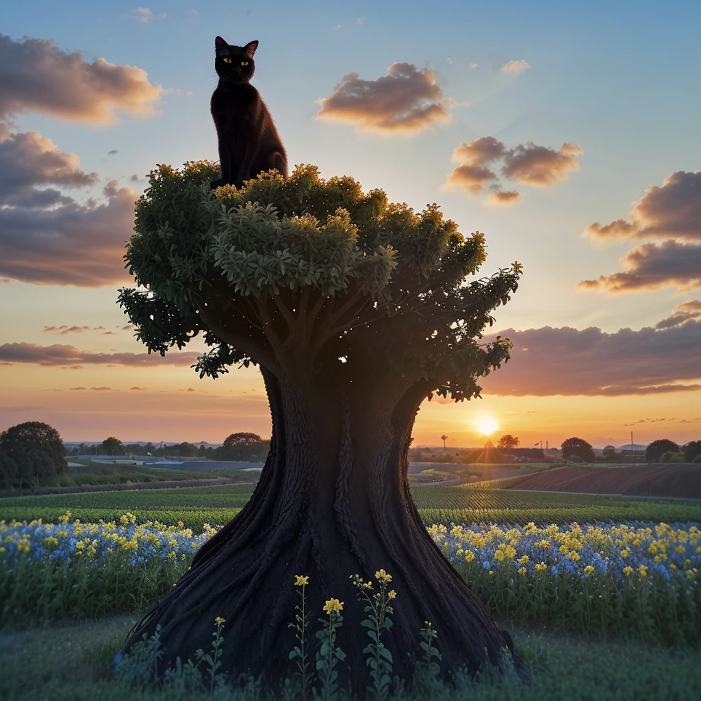Black cat on top of the tree, flower fields, blue sky, clouds, sunset