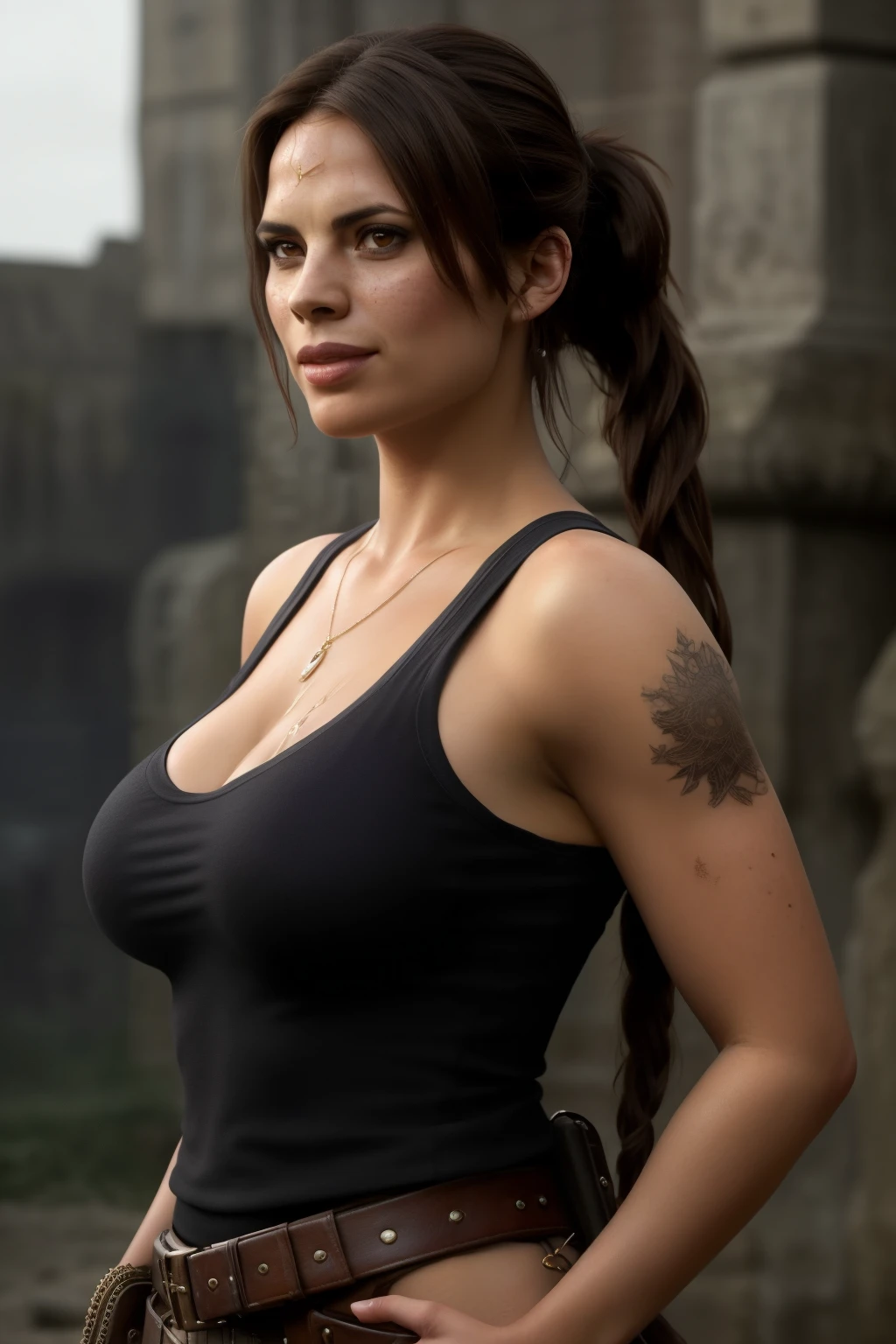 Lara notices the viewer staring at her tits, tight grey vest, beautiful woman, Hayley Atwell, wearing an (Lara Croft Cosplay), (Tomb Raider), action pose, nice legs, (long ponytail), detailedeyes, (detailed realistic face), texture skin, freckles, blush, confident grin, highy detailed, model shoot style, (extremely detailed CG Unit 8K wallpaper), (full body shot shot) photo of the most beautiful work of art in the world, fashion top model, Trends on ArtStation, trends at CGSociety, Intricate, high détail, sharp focus, dramatic, photorealistic painting art by midjourney