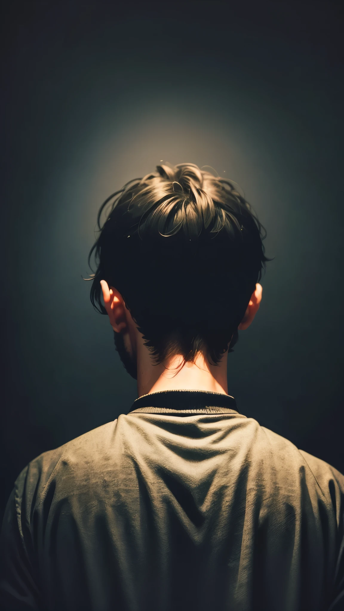 Photo from a distance of a man from behind in a dark environment