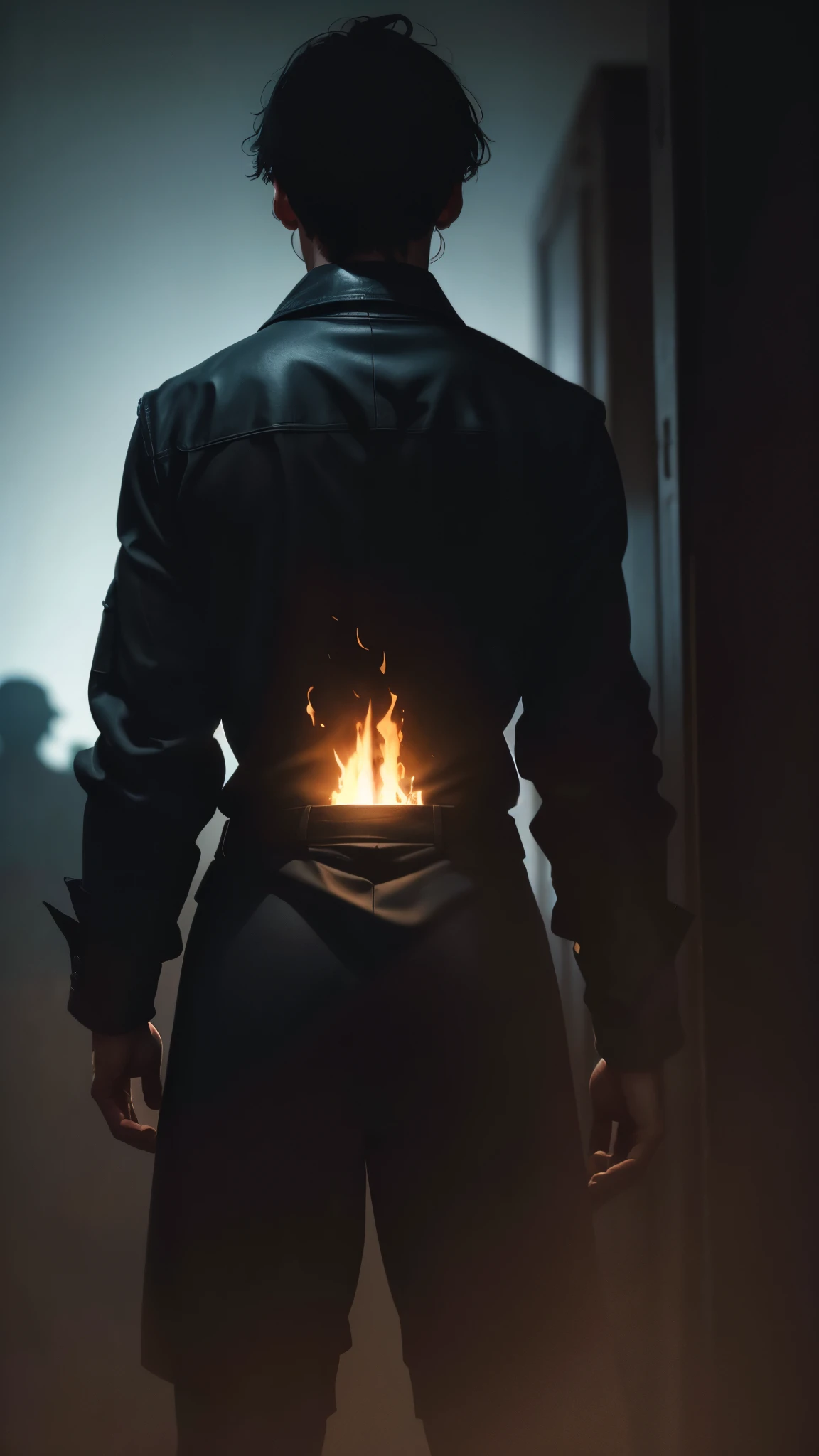 Photo from a distance of a man from behind in a dark environment