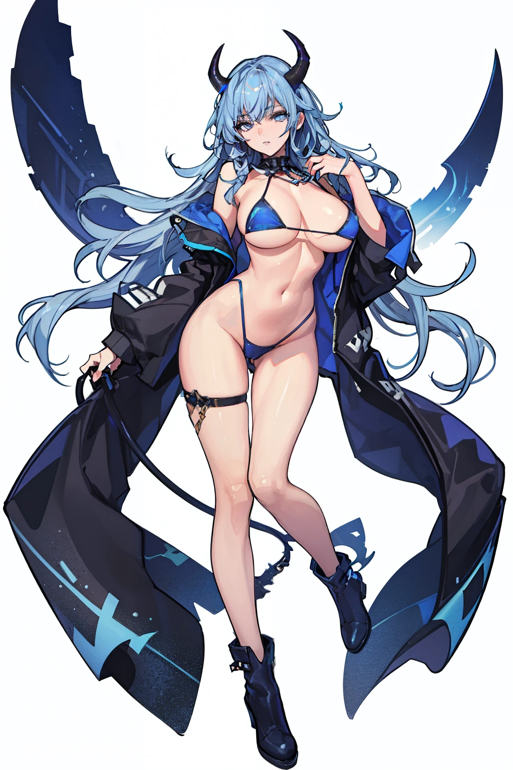 adult milf woman, blue eyes, one horn, long shapely legs, giant breasts, slim body, Long blue hair, blackmicro bikini, boots, 8k, hd, masterpiece, dynamic body, white background
