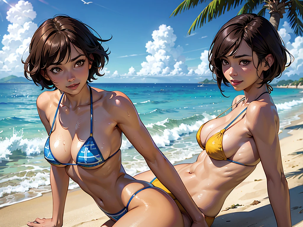 ((highest quality, masterpiece, High resolution)), ((reality)),Photos of beautiful Japanese women,((anime art))、 (((1 girl))), normal size breasts, slim body shape,  medium short hair, double eyelid, Wet see-through micro bikini,  A pareo with bold ethnic patterns and plenty of primary colors、(Brown skin:1.4),realistic skin、Wet,whole body,cinematic light、tropical、Against the background of palm trees on both sides、on a sunny beach、With the sea in the background、blur background、smile