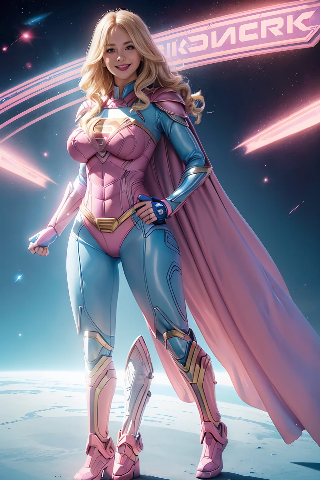 (((full body photo))), Supergirl, 27 years old, full body shot, Beautiful woman long curly blonde hair with bangs, blonde hair, blonde hair, defined body, (large_breast:1.4) Red lipstick, smiling slightly, hands free, standing facing camera, (( light blue and pink full body futuristic armor of Supergirl)), in a spaceport, (curvy:1.1)