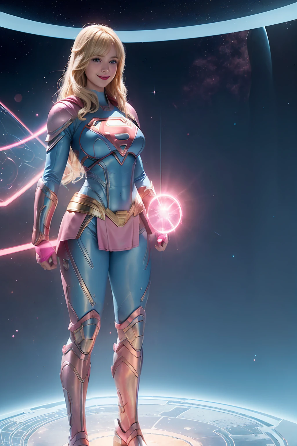 (((full body photo))), Supergirl, 27 years old, full body shot, Beautiful woman long curly blonde hair with bangs, blonde hair, blonde hair, defined body, (large_breast:1.4) Red lipstick, smiling slightly, hands free, standing facing camera, (( light blue and pink full body futuristic armor of Supergirl)), in a spaceport, (curvy:1.1)
