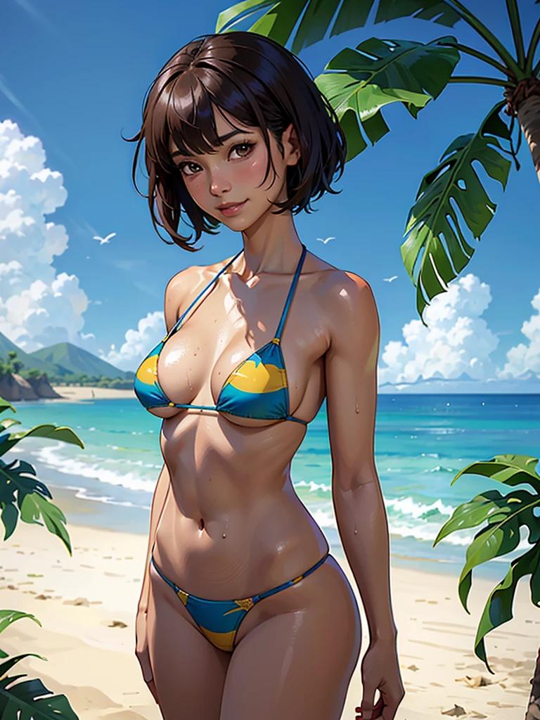 ((highest quality, masterpiece, High resolution)), ((reality)),Photos of beautiful Japanese women,((anime art))、 (((1 girl))), normal size breasts, slim body shape, medium short hair, double eyelid, Wet see-through micro bikini, A pareo with bold ethnic patterns and plenty of primary colors、(Brown skin:1.4),realistic skin、Wet,whole body,cinematic light、tropical、Against the background of palm trees on both sides、on a sunny beach、With the sea in the background、blur background、smile
