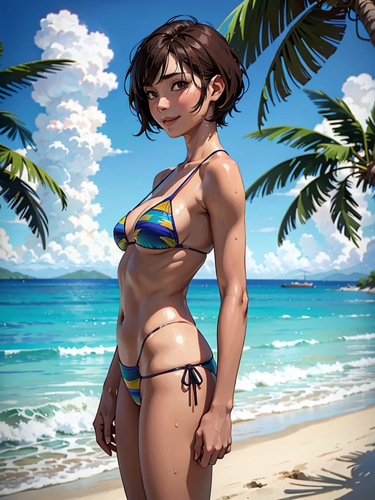 ((highest quality, masterpiece, High resolution)), ((reality)),Photos of beautiful Japanese women,((anime art))、 (((1 girl))), normal size breasts, slim body shape,  medium short hair, double eyelid, Wet see-through micro bikini,  A pareo with bold ethnic patterns and plenty of primary colors、(Brown skin:1.4),realistic skin、Wet,whole body,cinematic light、tropical、Against the background of palm trees on both sides、on a sunny beach、With the sea in the background、blur background、smile