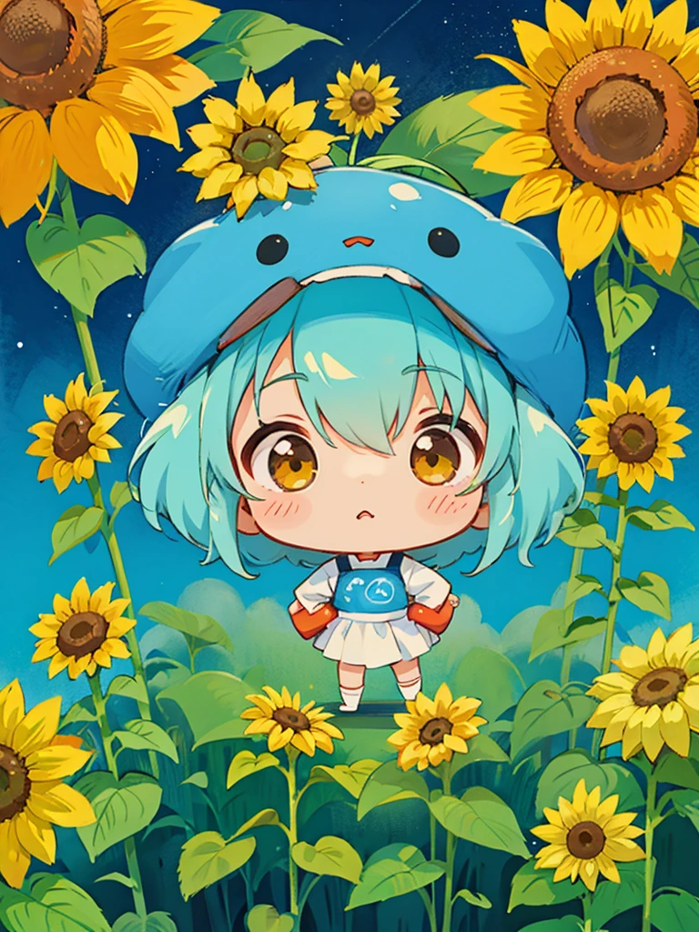 hayao miyazaki style, Kawaii Design, The most beautiful girl of all time、Chibi, Cute Alien、Mars exploration、sunflowers