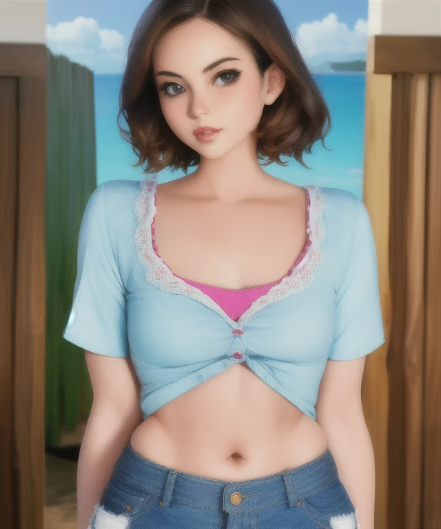 (best quality), (masterpiece), 1 girl, early 20's, small breasts, busty, perky breasts, thick, thick lips, wide hips, thin waist, flat chest, wearing causal top, wearing jean shorts