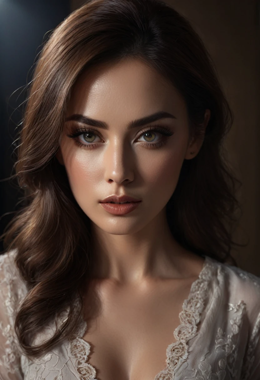 a woman looking into your soul, judging you and your life, sexy, 1 woman, beautiful detailed eyes, beautiful detailed lips, extremely detailed face, elegant, alluring expression, mysterious, penetrating gaze, (best quality,4k,8k,highres,masterpiece:1.2),ultra-detailed,(realistic,photorealistic,photo-realistic:1.37),dramatic lighting, chiaroscuro, dramatic shadows, moody, cinematic, oil painting, Movie Still
Film Still
Cinematic
Cinematic Shot
Cinematic Lighting, aya