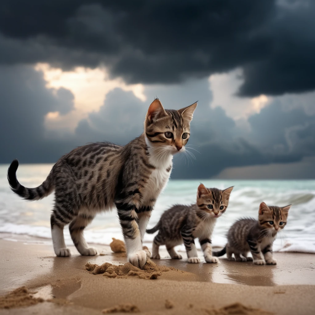 [Dark clouds forming in the sky, the sea starting to get rough. The family of kittens trying to collect their belongings hurriedly. The little kitten still playing in the sand, carefree.]