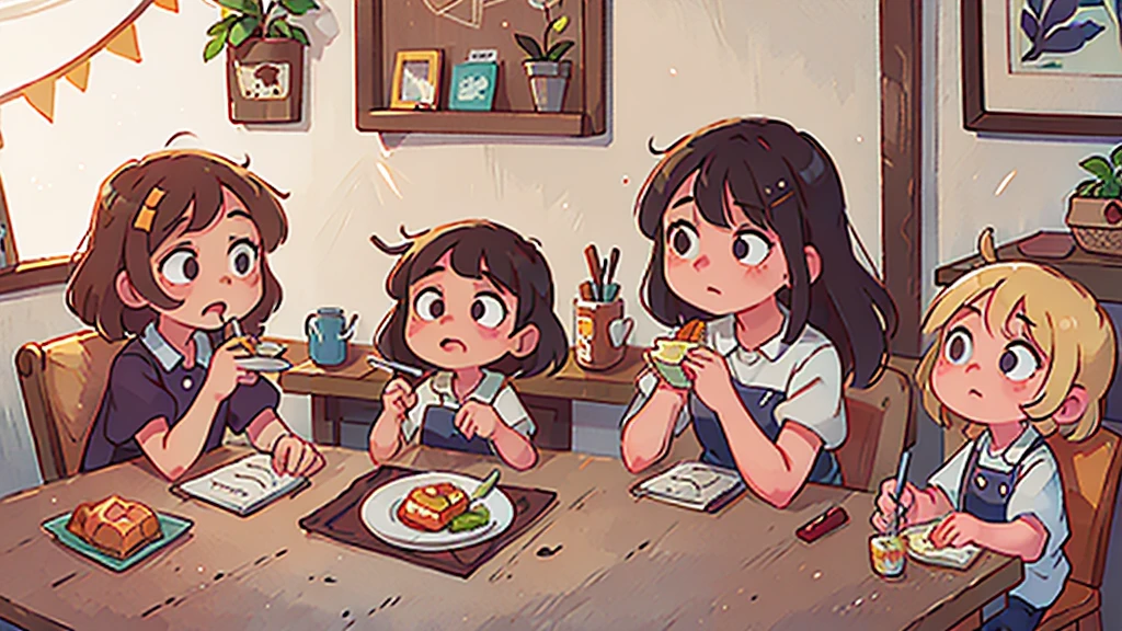a of approximately 8 years cabelos curtos e castanhos, A 30-year-old woman is sitting at the dinner table with her mother, make her look like an adult. She is having lunch, with a plate of food à sua frente. The holds a fork in one hand and, In the other, A cell phone, in which she is looking intently. The table is simple, with a plate of food, a glass of juice and some cutlery. The room is illuminated by natural light that comes in through the window., creating an everyday and relaxed scene.