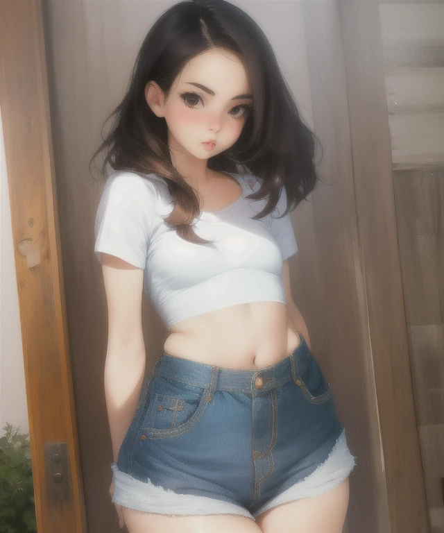 (best quality), (masterpiece), 1 girl, early 20's, small breasts, busty, perky breasts, thick, thick lips, wide hips, thin waist, flat chest, wearing causal top, wearing jean shorts