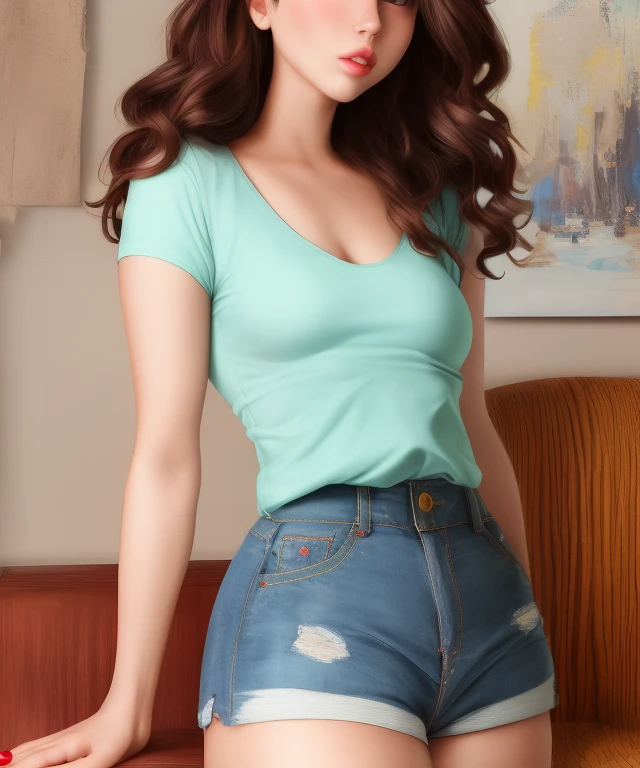 (best quality), (masterpiece), 1 girl, early 20's, small breasts, busty, perky breasts, thick, thick lips, wide hips, thin waist, flat chest, wearing causal top, wearing jean shorts