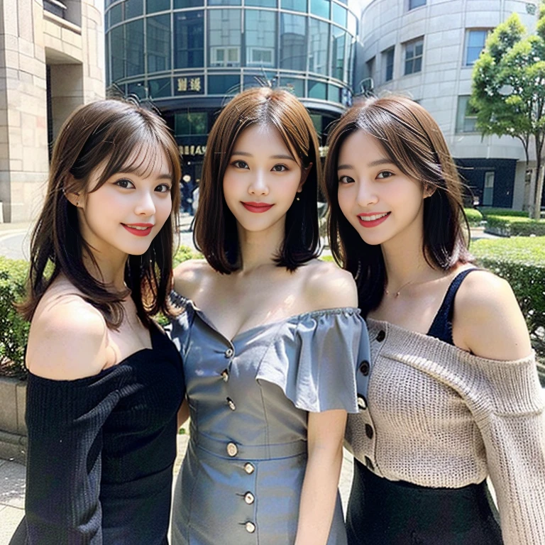 (a trio of gorgeous ladies, early 20s, at Shanghai. They are dressed in Korean chic & trendy fashion, in light-color, dark-color, peach-color, Off-Shoulder Midi Dress, pencil skirt, Button Details, feminine, random & natural pose under night sky, beautiful detailed face, beautiful detailed eyes, dimpled smile, kind & friendly smile, short straight hair, bob hair, ponytail, cute snagglooth, ample round bosom, medium chest, strengthened chest, healthy body proportion, enchanting cleavage, photorealistic, hyper-realism, high contrast, ultra HD, realistic skin textures, top image quality, top-quality, super high resolution, fine details, very meticulously, bokeh background, the_cowboy_shot)