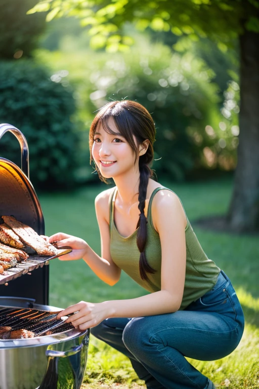 High resolution, masterpiece, Anatomically correct, Attention to detail, High resolutionモデル, One Woman, cute, In the woods、Beautiful Japanese woman grilling meat for a barbecue, 28 years old, He has a can of beer in one hand, Bangs, Low Ponytail, Braided Ponytail, Smile pleasantly, Olive drab tank top, Skinny jeans, Fresh Green Forest, Bright sunlight, The outline of her hair shines in the backlight., Due to the reflection of the surface of the barbecue grill、Provides a good lighting effect on the face from below, whole body,, Cinematic Lighting Effects, hot summer images, sense of openness, 