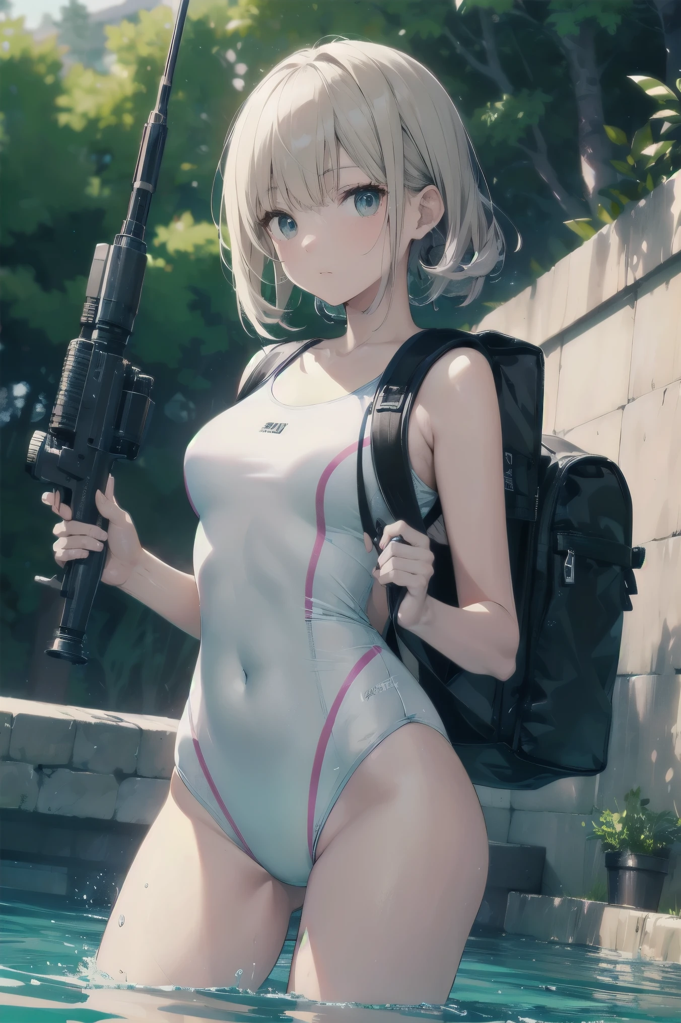 high quality、最high quality、Ultra-high resolution、Slender beauty、White color swimsuit、Embarrassed look、Droopy eyes、crack、Backpack、Water Machine Gun、Equipped with a bazooka