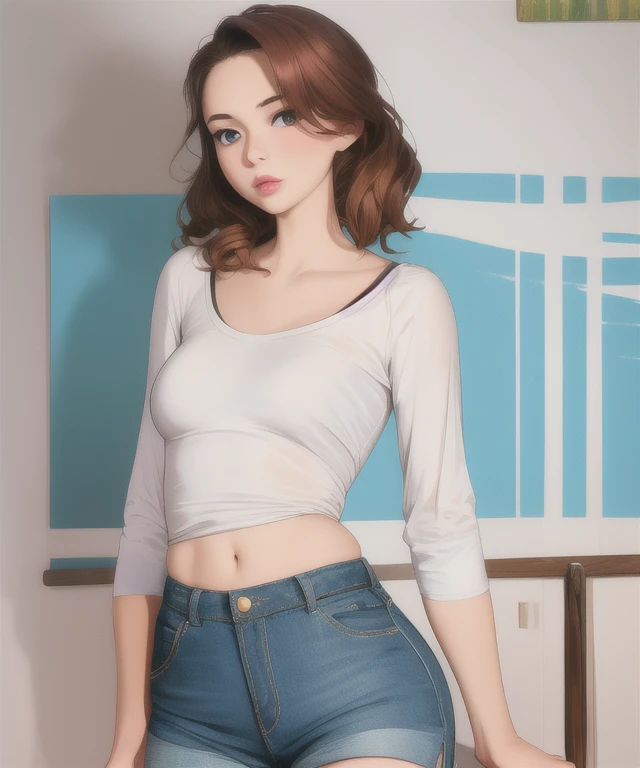 (best quality), (masterpiece), 1 girl, early 20's, small breasts, busty, perky breasts, thick, thick lips, wide hips, thin waist, flat chest, wearing causal top, wearing jean shorts