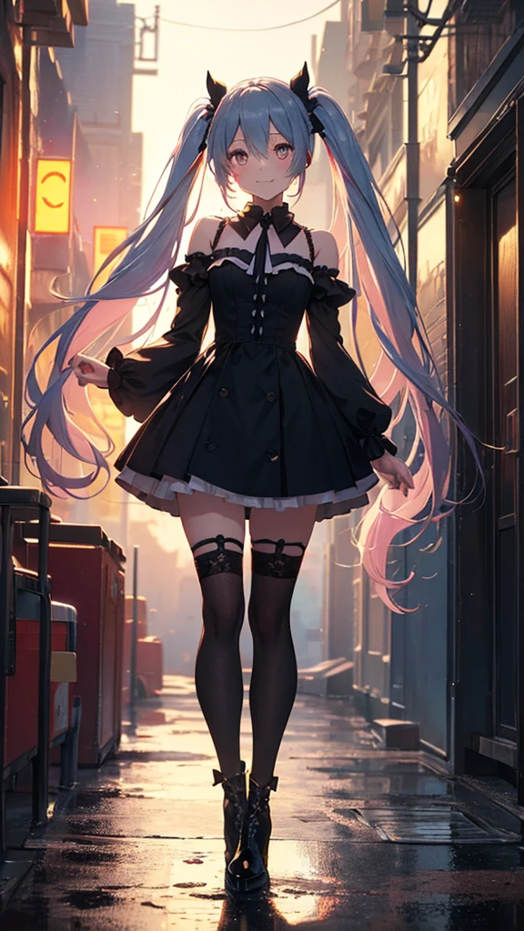 (masterpiece,Super Detail,In 8K,Best Original Score,Moody lighting,Photorealistic,Dynamic Shot:1.5),hatsune miku,Dangerous Vampire,Adult sexy body,Light blue twin tails,smile,Double teeth,A small pink heart on her cheek,Pink and black gothic dress fashion,Jirai fashion with very delicate details,Black platform high boots,Beautiful long legs,Beautiful big ,Cute pose,Midnight Downtown,Lots of neon lights,Urban hustle and bustle、She&#39;s holding her skirt in her mouth