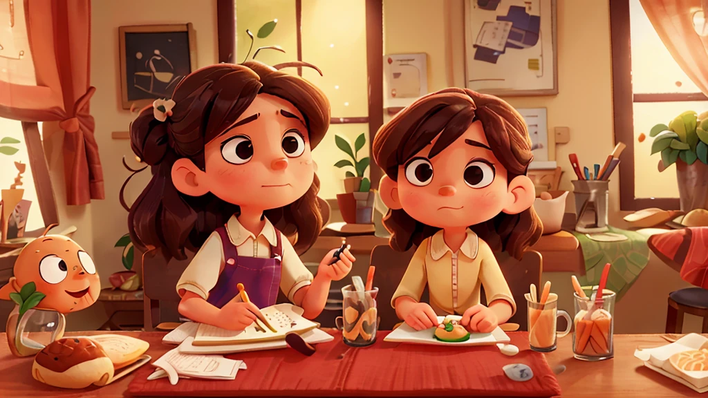 a child of approximately 8 years, com cabelos curtos e castanhos, A 30-year-old woman is sitting at the dinner table with her mother, make her look like an adult. She is having lunch, with a plate of food à sua frente. The holds a fork in one hand and, In the other, A cell phone, in which she is looking intently. The table is simple, with a plate of food, a glass of juice and some cutlery. The room is illuminated by natural light that comes in through the window., creating an everyday and relaxed scene.