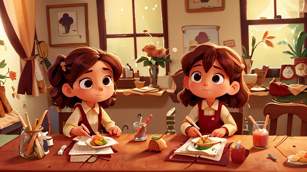 a child of approximately 8 years, com cabelos curtos e castanhos, A 30-year-old woman is sitting at the dinner table with her mother, make her look like an adult. She is having lunch, with a plate of food à sua frente. The holds a fork in one hand and, In the other, A cell phone, in which she is looking intently. The table is simple, with a plate of food, a glass of juice and some cutlery. The room is illuminated by natural light that comes in through the window., creating an everyday and relaxed scene.