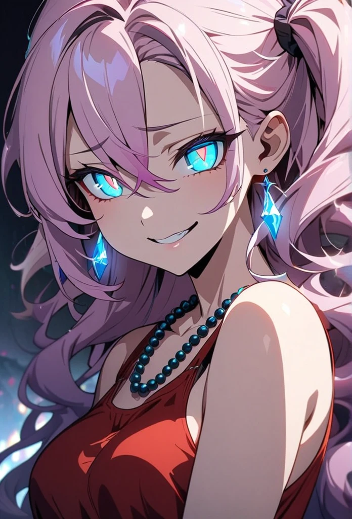 Beautiful, solo, 1 girl, turquoise eyes, Glowing Light, Bright Pupils, Amber Eyes, Hair Between Eyes, Masterpiece, High Resolution, Best Quality, High Details, Multicolored Hair, light Pink Hair, light Purple Hair, Breasts, Earrings, Crystal Earrings, Sparkling Eyes, Hollow Eyes, Forced Smile, Long Eyelashes, Forehead Jewel, Bead Necklace, Anime Style, Anime, Long Hair, Wavy Hair, Messy Hair, Hair One Side Up,
