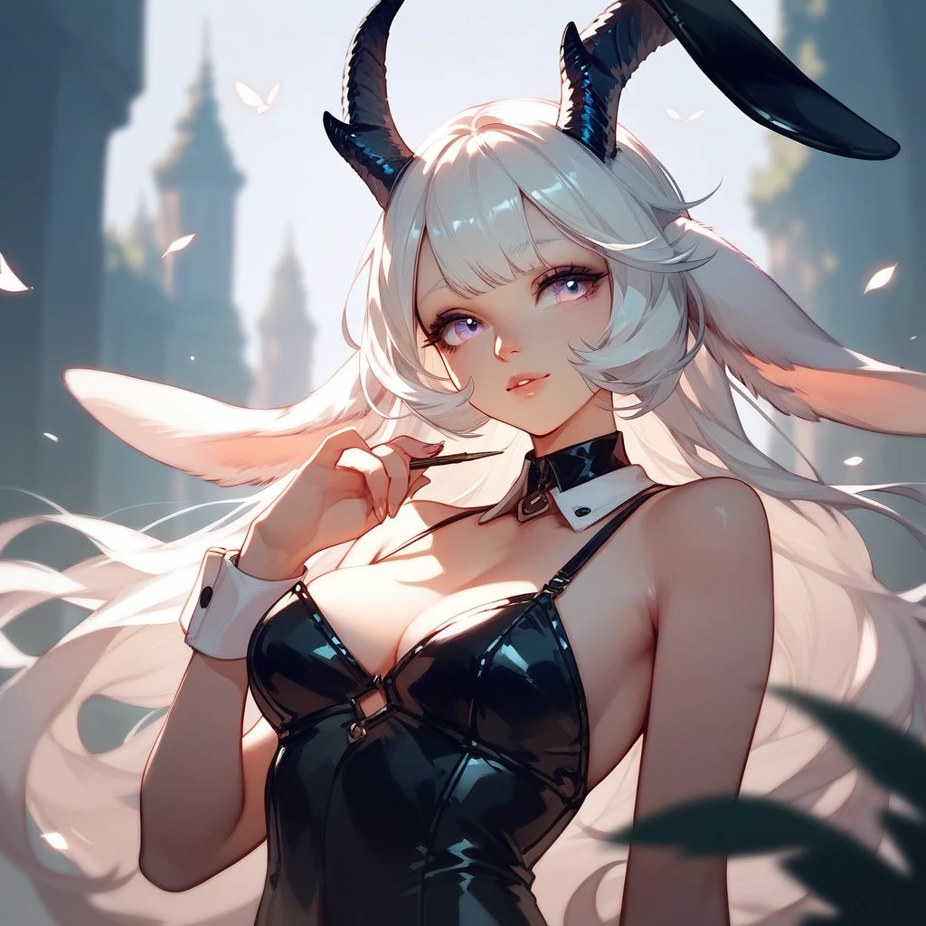 Masterpiece, 1girl, solo, horns, demon girl, succubus, white hair, long hair, very long hair, (playboy bunny: 1.4) --auto --s2