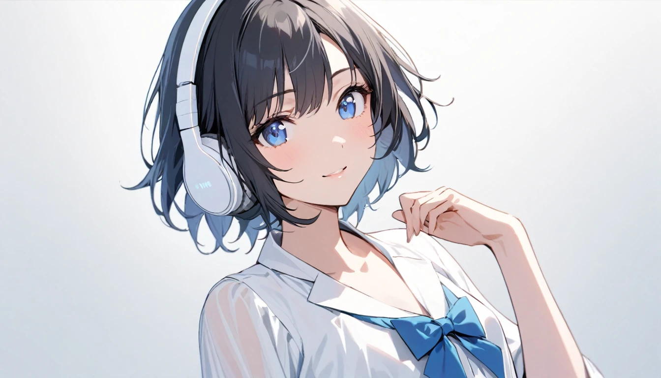 beautiful 1girl, solo, gentle smile on her face flat chest, short hair, black hair, beautiful blue eyes, young, adult woman, blank background, while wearing wireless white headphones, formal white shirt and a blue bowtie