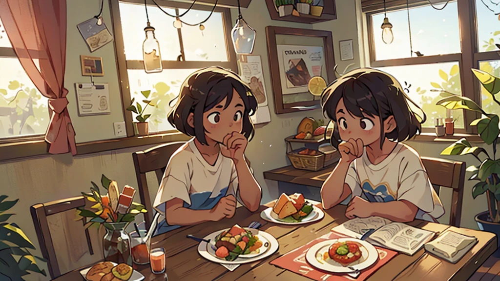 a child of approximately 8 years, com cabelos curtos e castanhos, A 30-year-old woman is sitting at the dinner table with her mother, make her look like an adult. She is having lunch, with a plate of food à sua frente. The holds a fork in one hand and, In the other, A cell phone, in which she is looking intently. The table is simple, with a plate of food, a glass of juice and some cutlery. The room is illuminated by natural light that comes in through the window., creating an everyday and relaxed scene.
