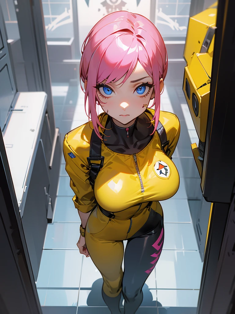Mature woman inside a server being viewed through a HUD with information, white tattoos on body, printed skeletons, rebellious, synthetic body, facefocus, big pink hair, shining blue eyes, wearing a mustard yellow jumpsuit, breasts big, looking 35 years old, eye on the spectator, look to the camera, , the background is a dark corridor, Hands on waist, thick-thighs, ((look up looking at the viewer)), masterpiece