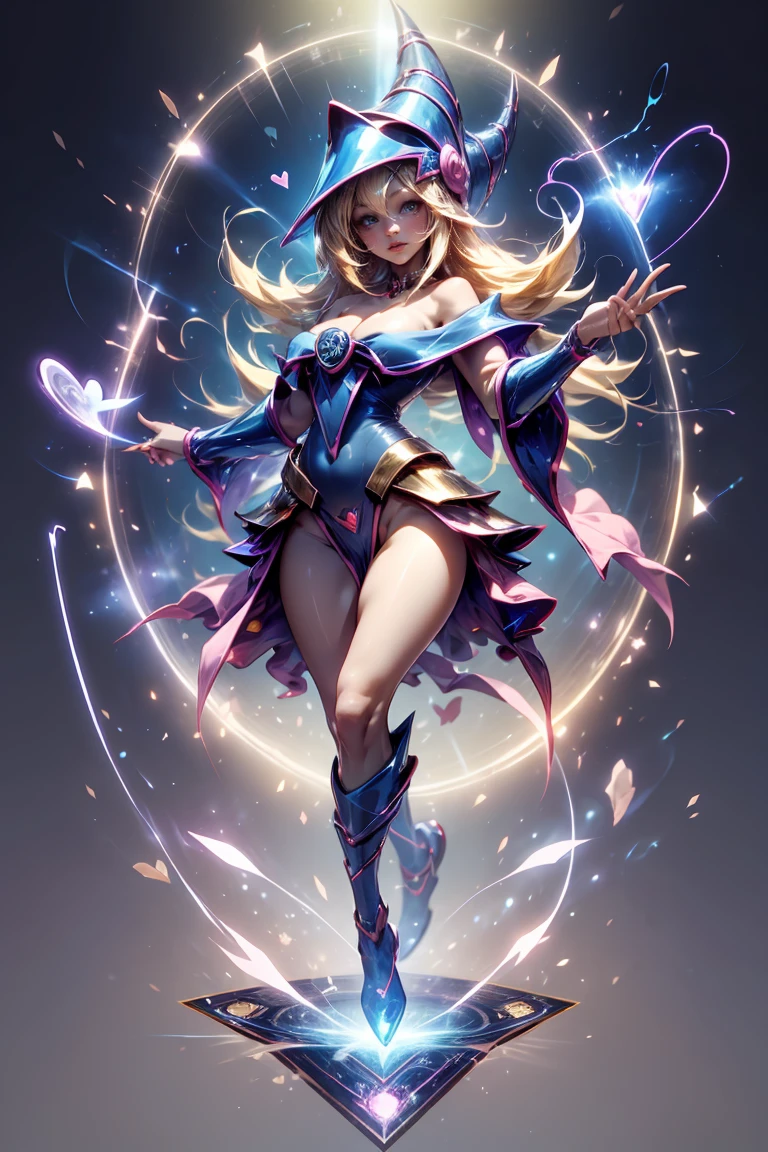 (masterpiece:1.2), (The best quality:1.2), perfect lighting, Dark Magician Girl casting a spell, floating in the air, big big hips, neckline, magic background. Transparent hearts in the air.., blue robe, big hat, from above, shines, Yugioh card in the background that is very close to the 8k screen.