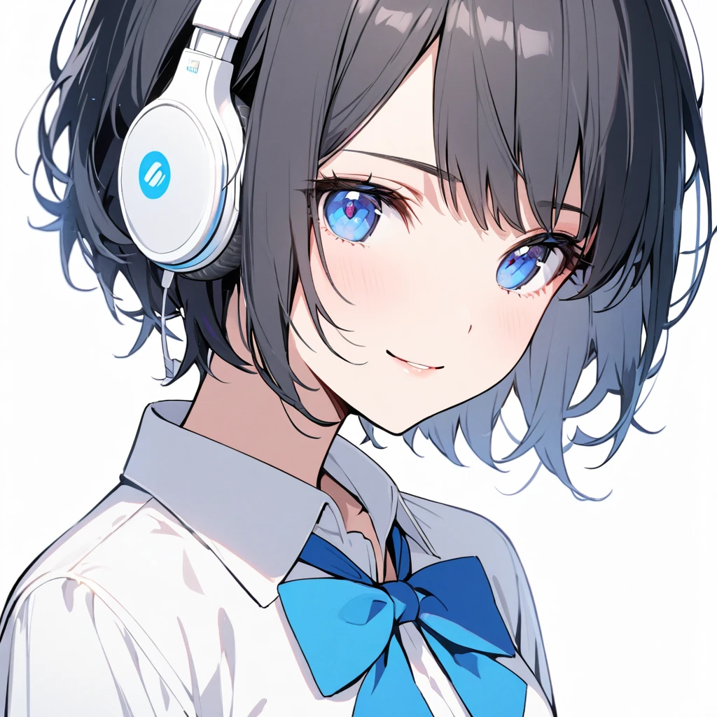 beautiful 1girl, solo, gentle smile on her face flat chest, short hair, black hair, beautiful blue eyes, young, adult woman, blank background, while wearing wireless white headphones, formal white shirt and a blue bowtie