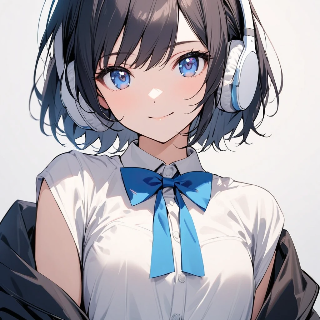 beautiful 1girl, solo, gentle smile on her face flat chest, short hair, black hair, beautiful blue eyes, young, adult woman, blank background, while wearing wireless white headphones, formal white shirt and a blue bowtie