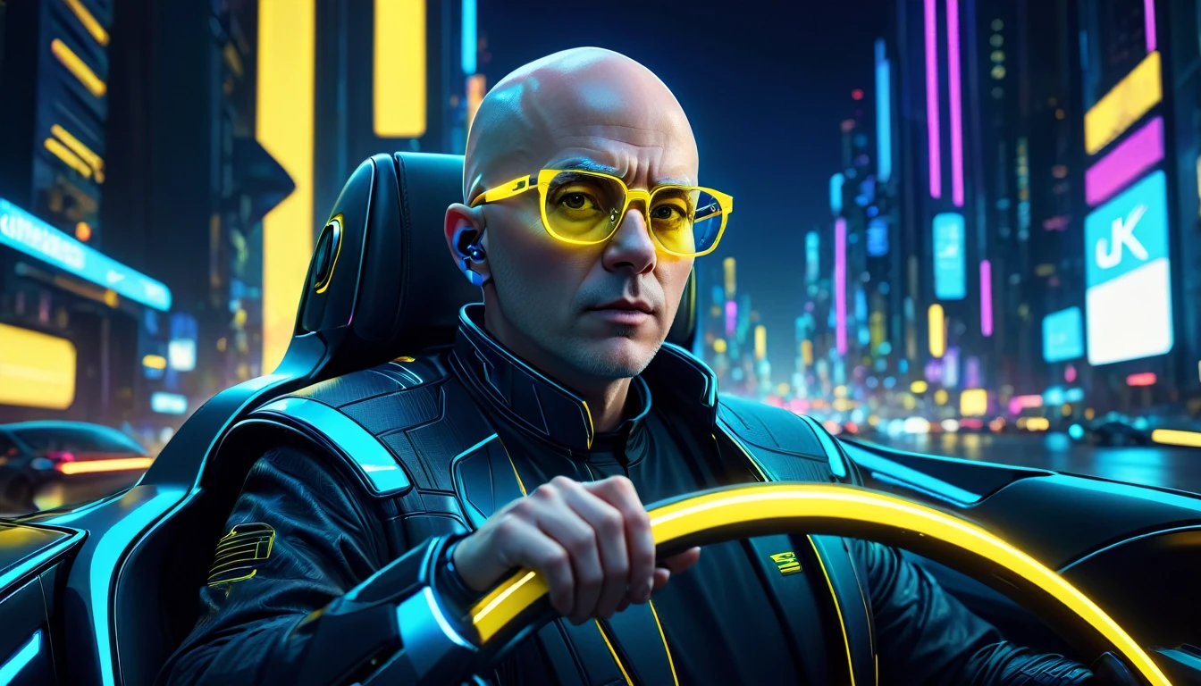 a medium prompt of a bald white man with yellow glasses, with a bright blue microchip behind his ear, driving a car at night in a futuristic city, cinematic, high detail, futuristic cityscape, night scene, glowing neon lights, advanced technology, dramatic shadows, dynamic composition, sci-fi concept art, moody atmosphere, cinematic lighting, 4k resolution