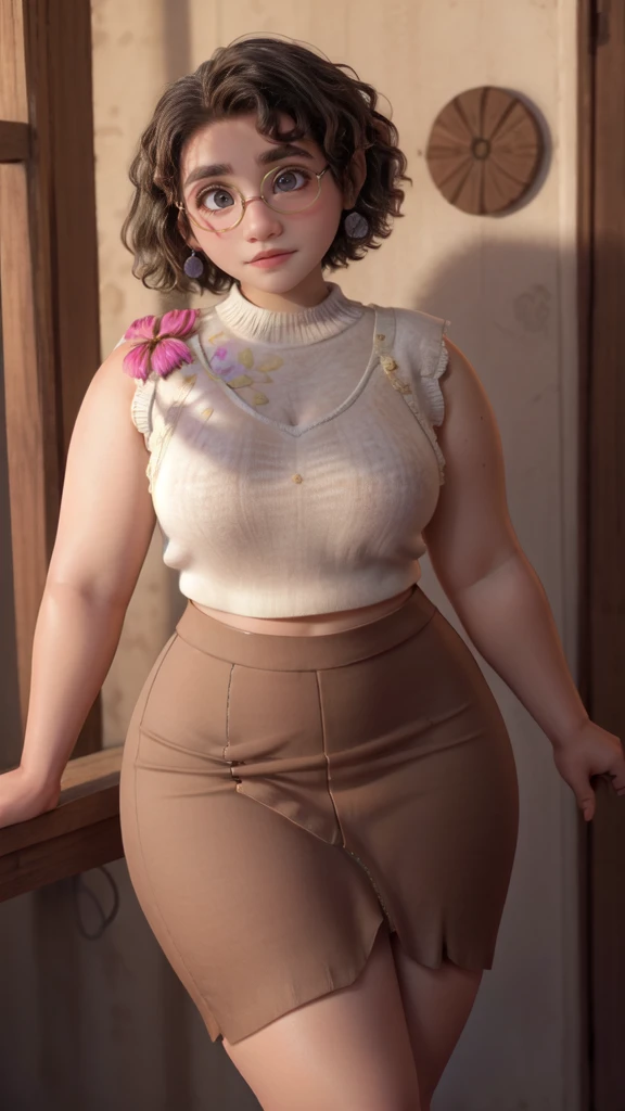 mirabel madrigal, glasses, smile, ((sleeveless sweater)), market background, (((pencil skirt))), (((brown skin))), detailed skin, perfect legs, perfect thighs, (((curvy body)))